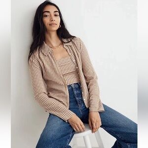 Madewell Women's Brown White Plaid Long Sleeve Crinkle Slim Button Up Shirt 00
